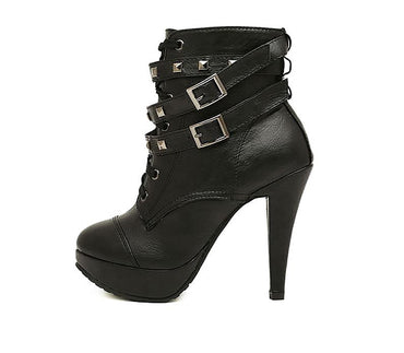 Solid Black Leather Ankle Gothic Boots